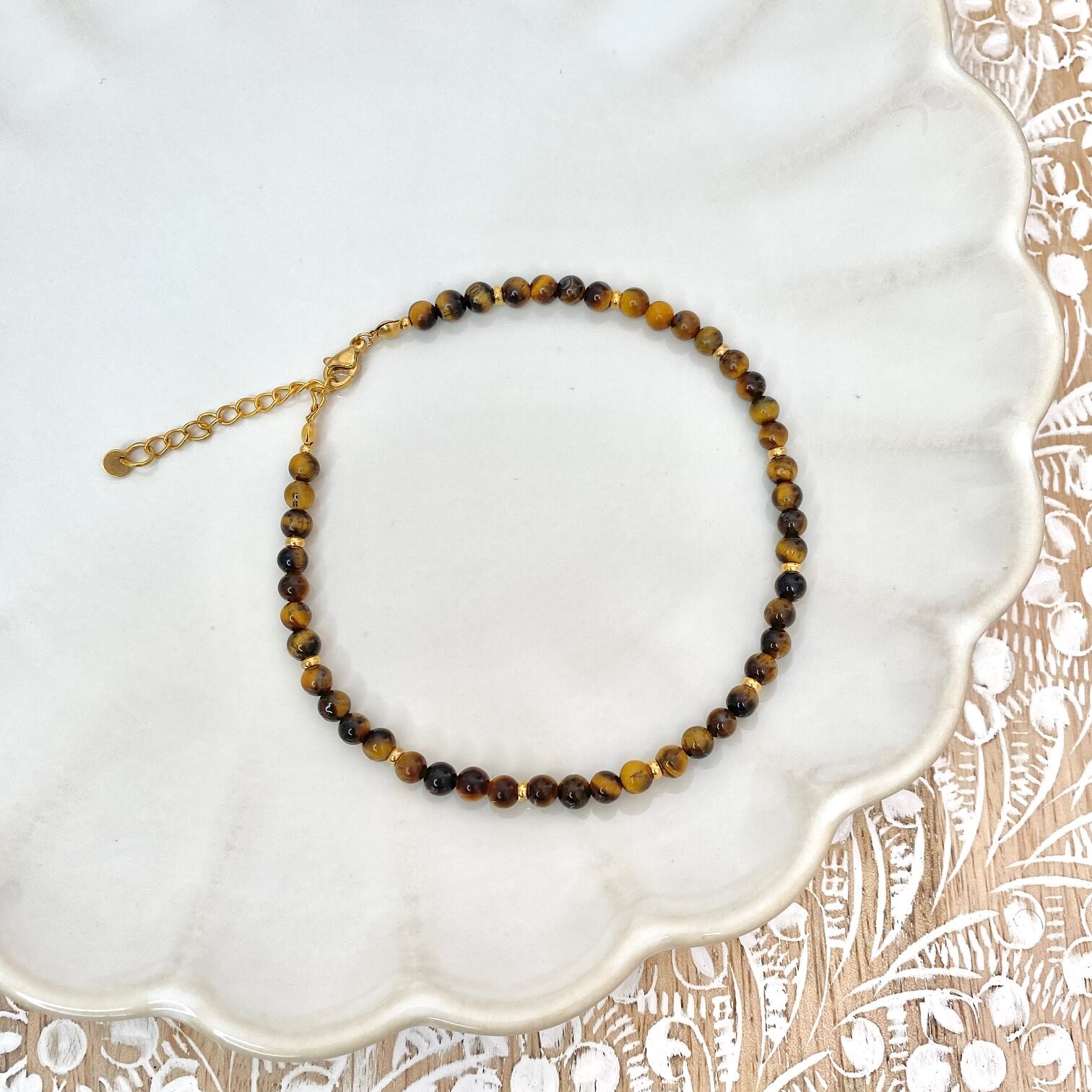 Cheville Pépite Oeil De Tigre Multi-rangs En Perles Argentées - Fait Main
